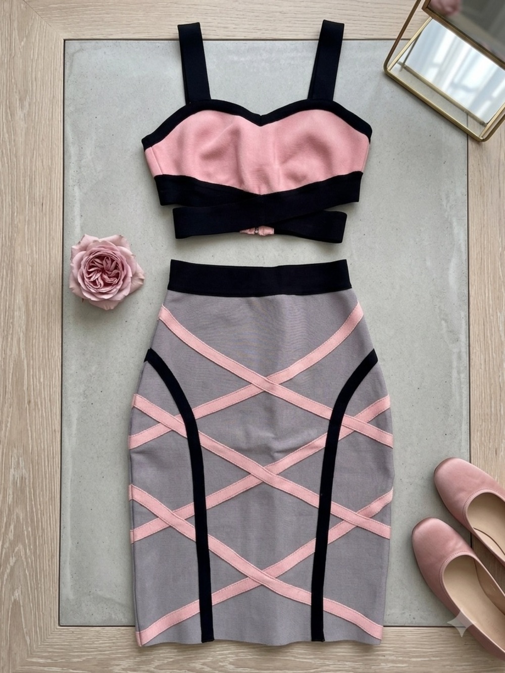 Two-Piece Pink and Gray Bandage Skirt Set